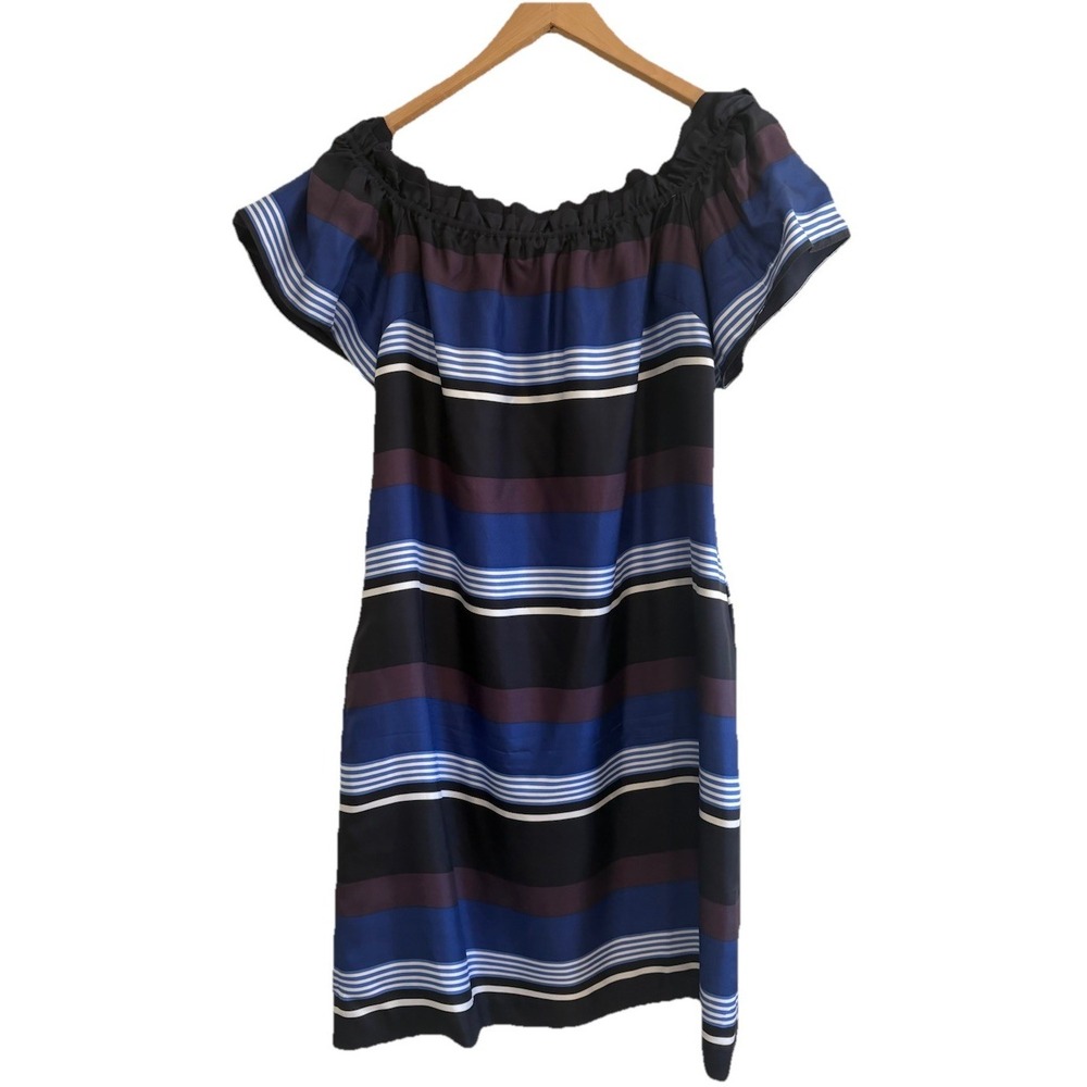 Banana Republic 100% Silk Striped Off-the-Shoulder Shift Chic Dress Pockets MED